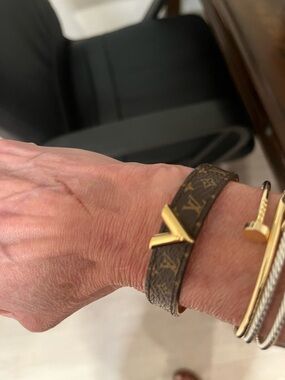 Louis Vuitton Monogram Leather Bracelet with Gold V Accent